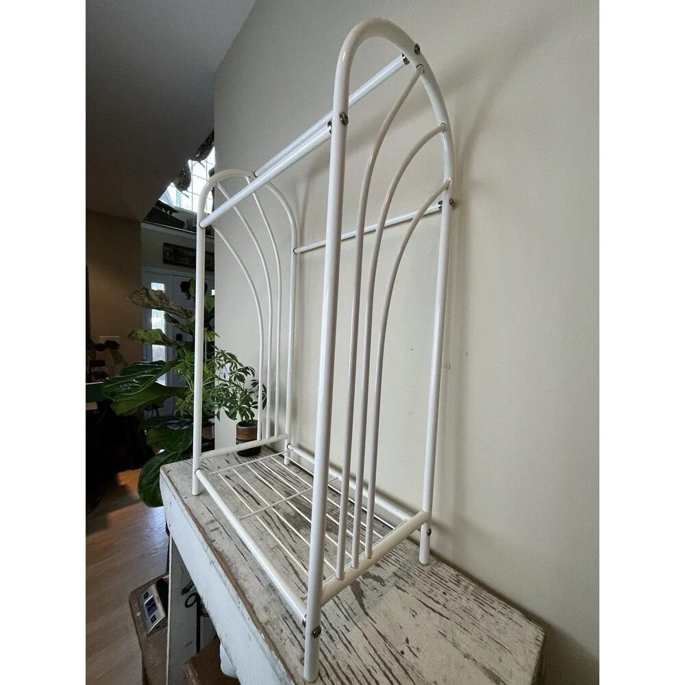 Vintage MCM White Metal Towel Caddy Rack Stand Free Standing Bathroom Retro MINT